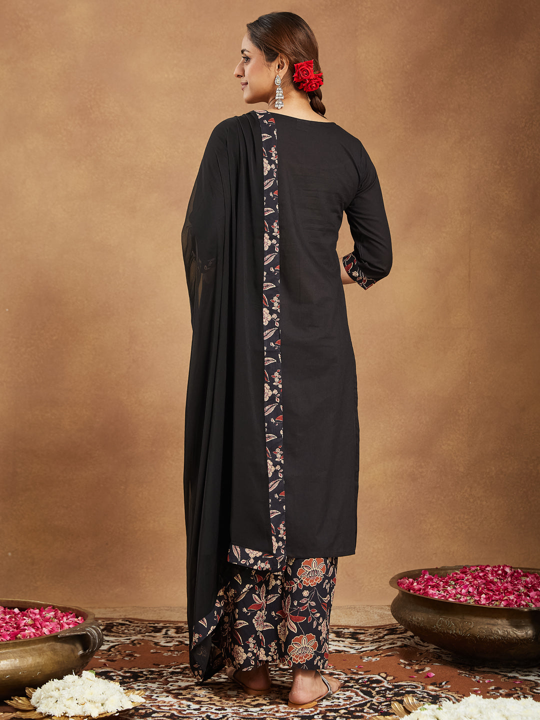Janasya Dark Cotton Floral A-Line Kurta Set