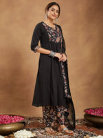 Thumbnail for Janasya Dark Cotton Floral A-Line Kurta Set