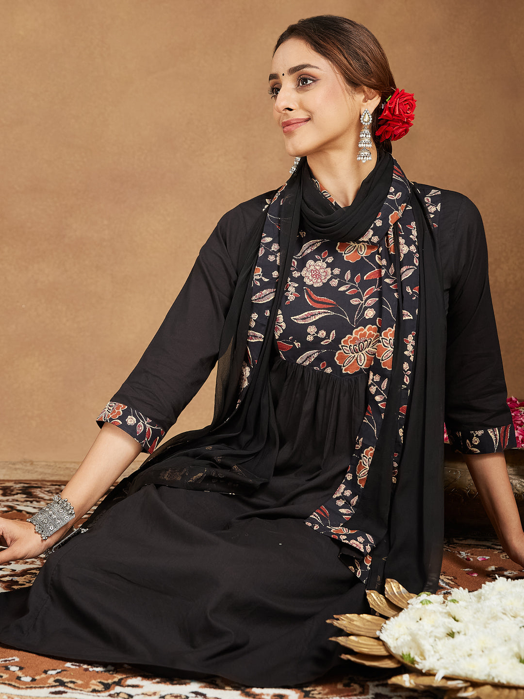 Janasya Dark Cotton Floral A-Line Kurta Set