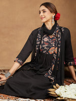 Thumbnail for Janasya Dark Cotton Floral A-Line Kurta Set