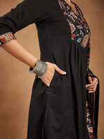Thumbnail for Janasya Dark Cotton Floral A-Line Kurta Set