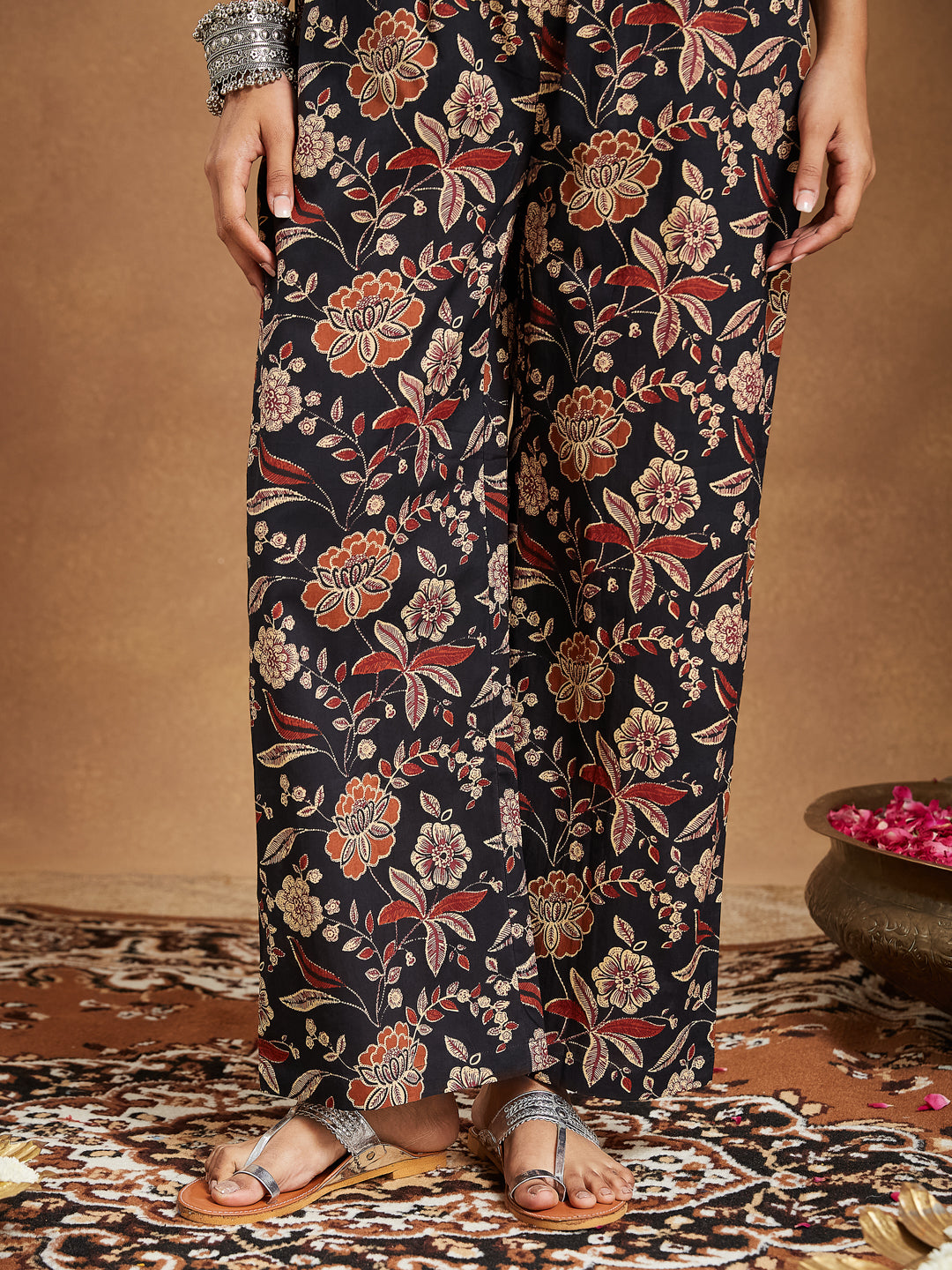 Janasya Dark Cotton Floral A-Line Kurta Set