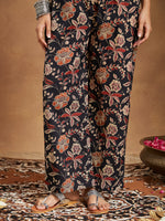 Thumbnail for Janasya Dark Cotton Floral A-Line Kurta Set