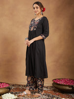Thumbnail for Janasya Dark Cotton Floral A-Line Kurta Set