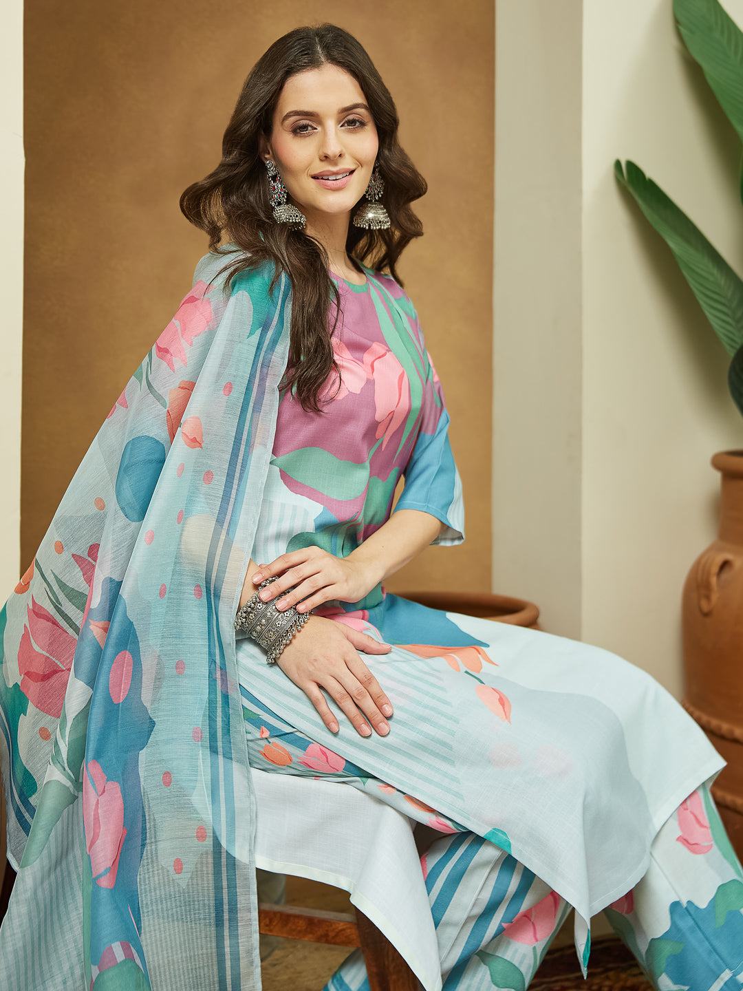Janasya Multi Straight Cotton Blend Kurta,Bottom & Dupatta - Dista