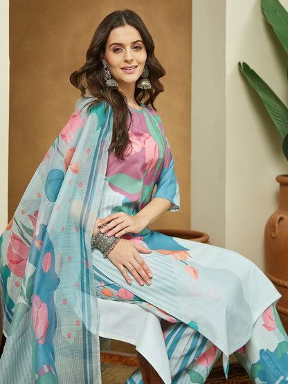 Janasya Multi Straight Cotton Blend Kurta,Bottom & Dupatta - Dista