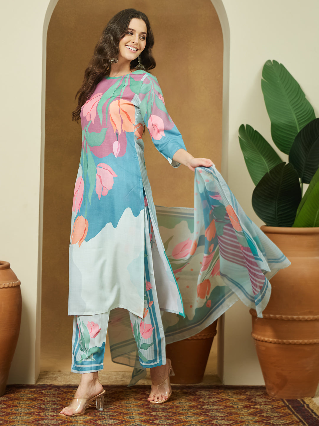Janasya Multi Straight Cotton Blend Kurta,Bottom & Dupatta - Dista