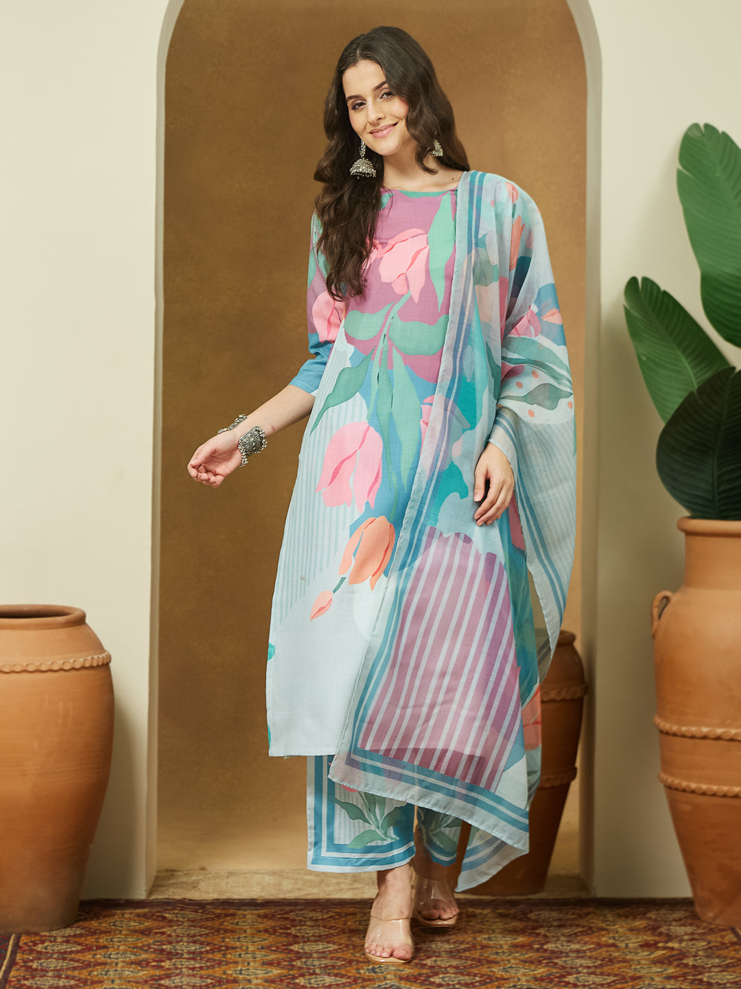 Janasya Multi Straight Cotton Blend Kurta,Bottom & Dupatta - Dista