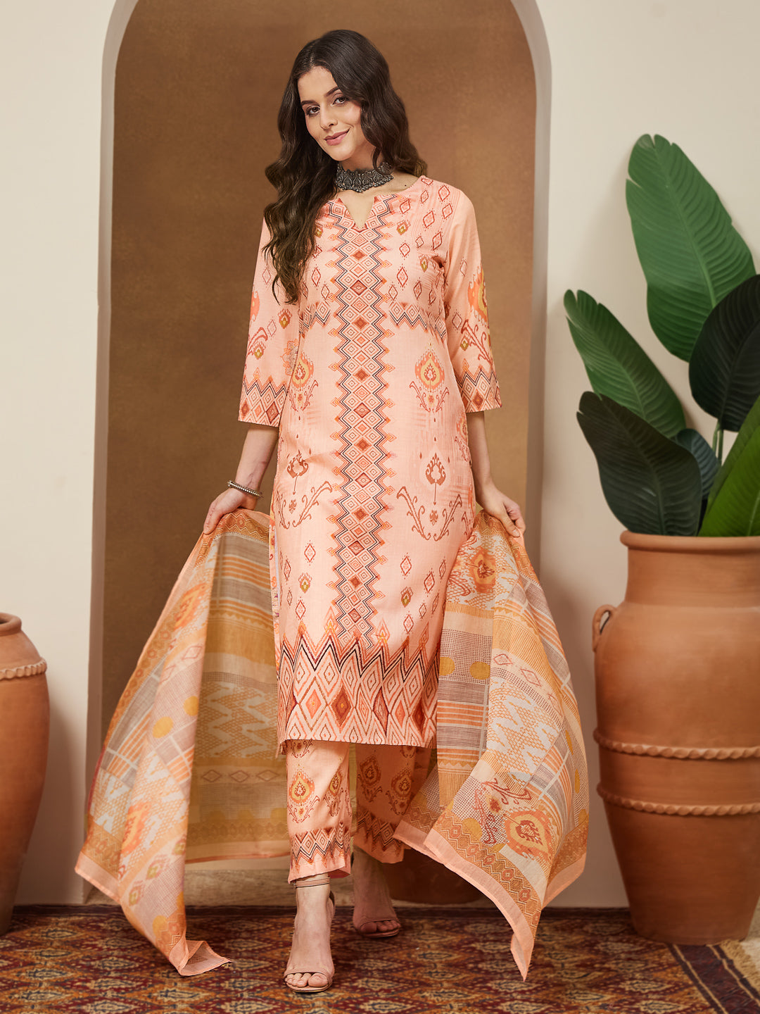 Janasya Peach Straight Cotton Blend Kurta,Bottom & Dupatta - Dista