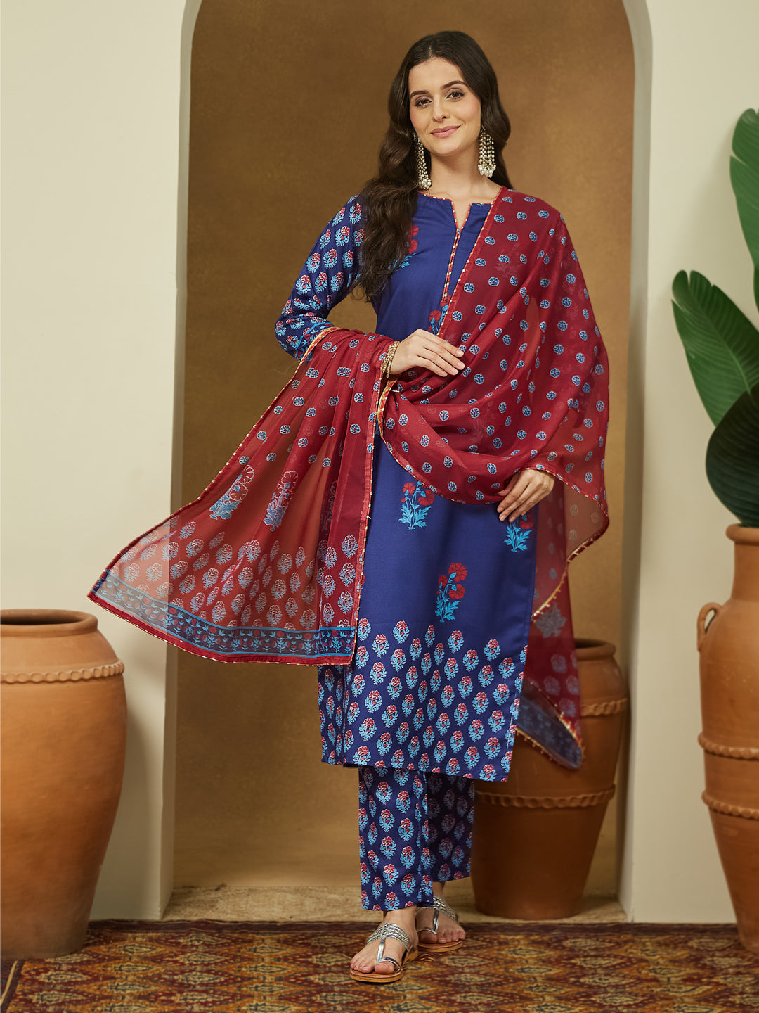 Janasya Purple Straight Cotton Blend Kurta,Bottom & Dupatta - Dista