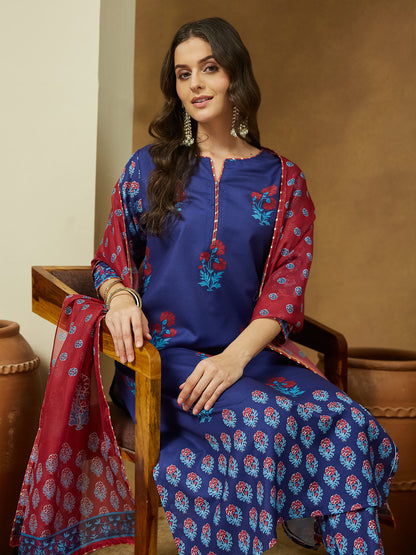 Janasya Purple Straight Cotton Blend Kurta,Bottom & Dupatta - Dista