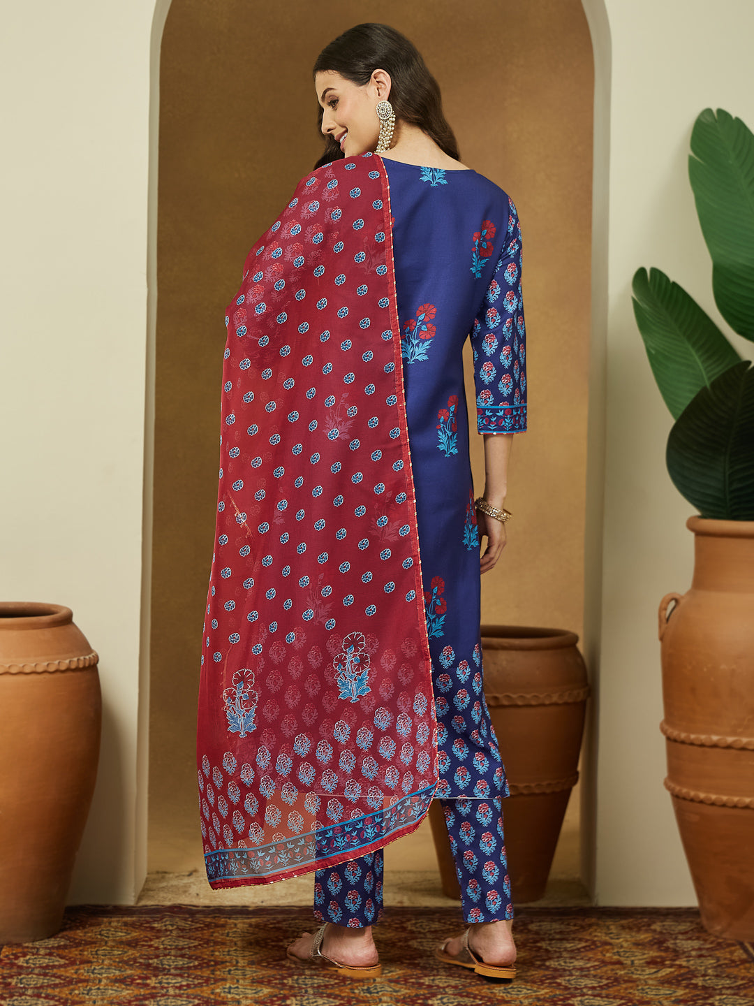 Janasya Purple Straight Cotton Blend Kurta,Bottom & Dupatta - Dista