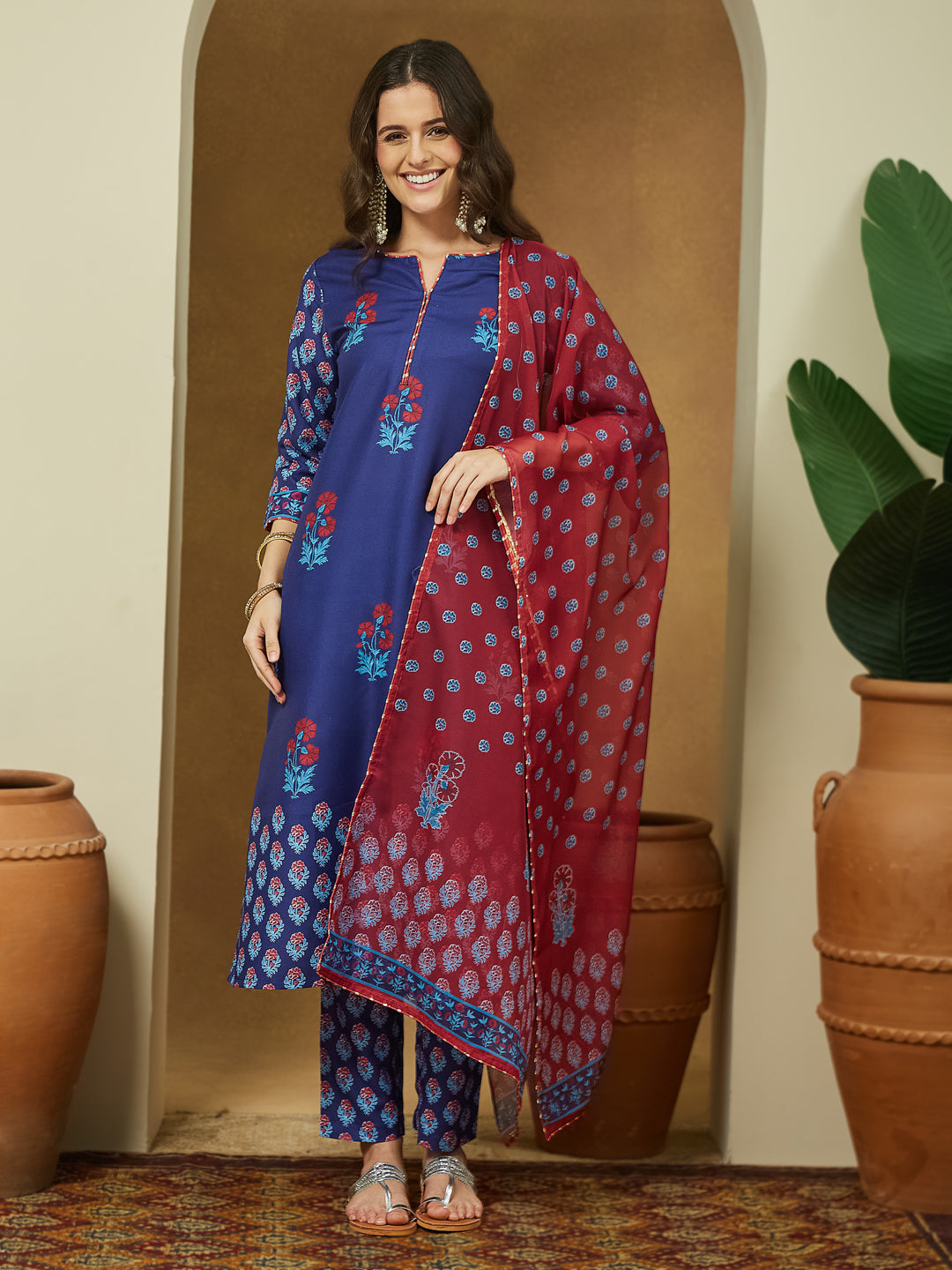 Janasya Purple Straight Cotton Blend Kurta,Bottom & Dupatta - Dista