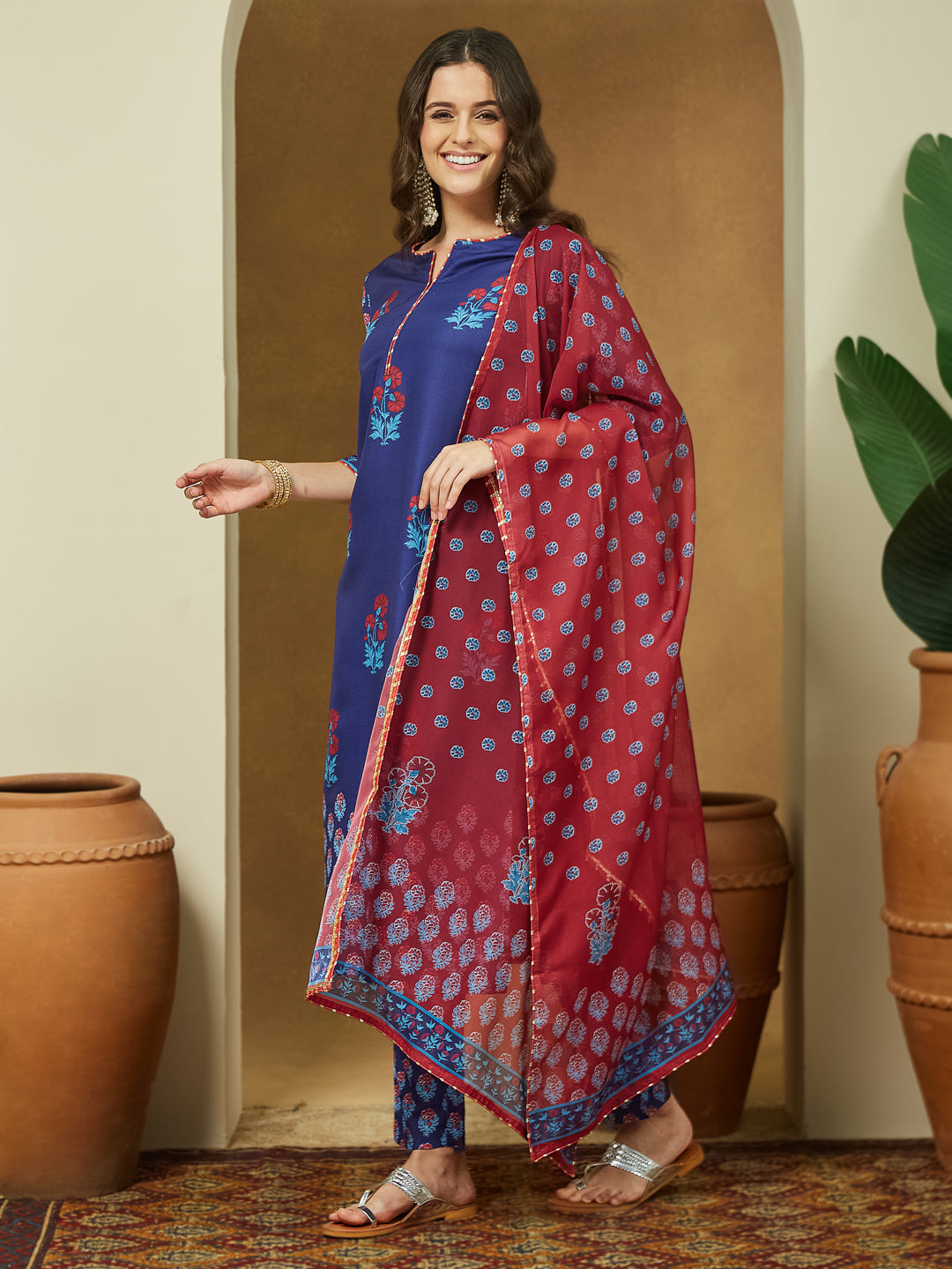 Janasya Purple Straight Cotton Blend Kurta,Bottom & Dupatta - Dista