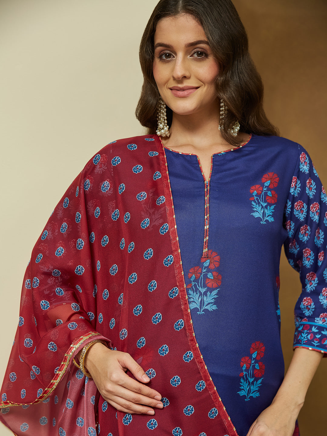 Janasya Purple Straight Cotton Blend Kurta,Bottom & Dupatta - Dista