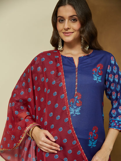 Janasya Purple Straight Cotton Blend Kurta,Bottom & Dupatta - Dista