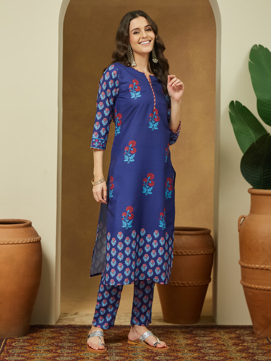 Janasya Purple Straight Cotton Blend Kurta,Bottom & Dupatta - Dista