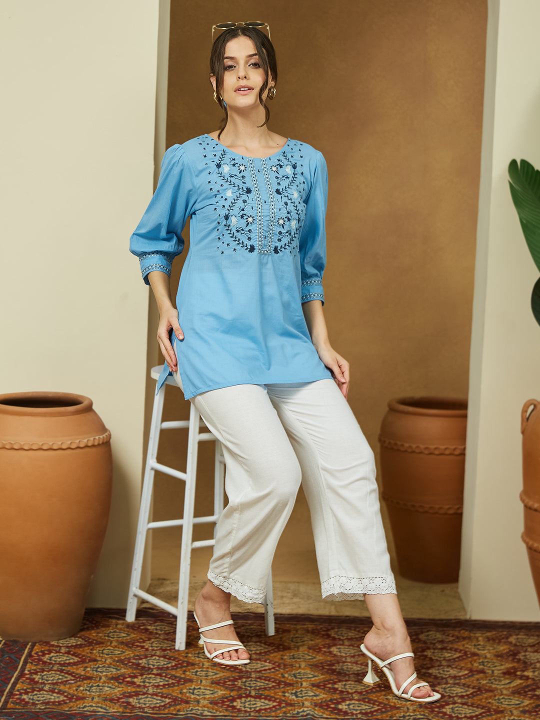 Janasya Light Cotton Embroidered Straight Tunic