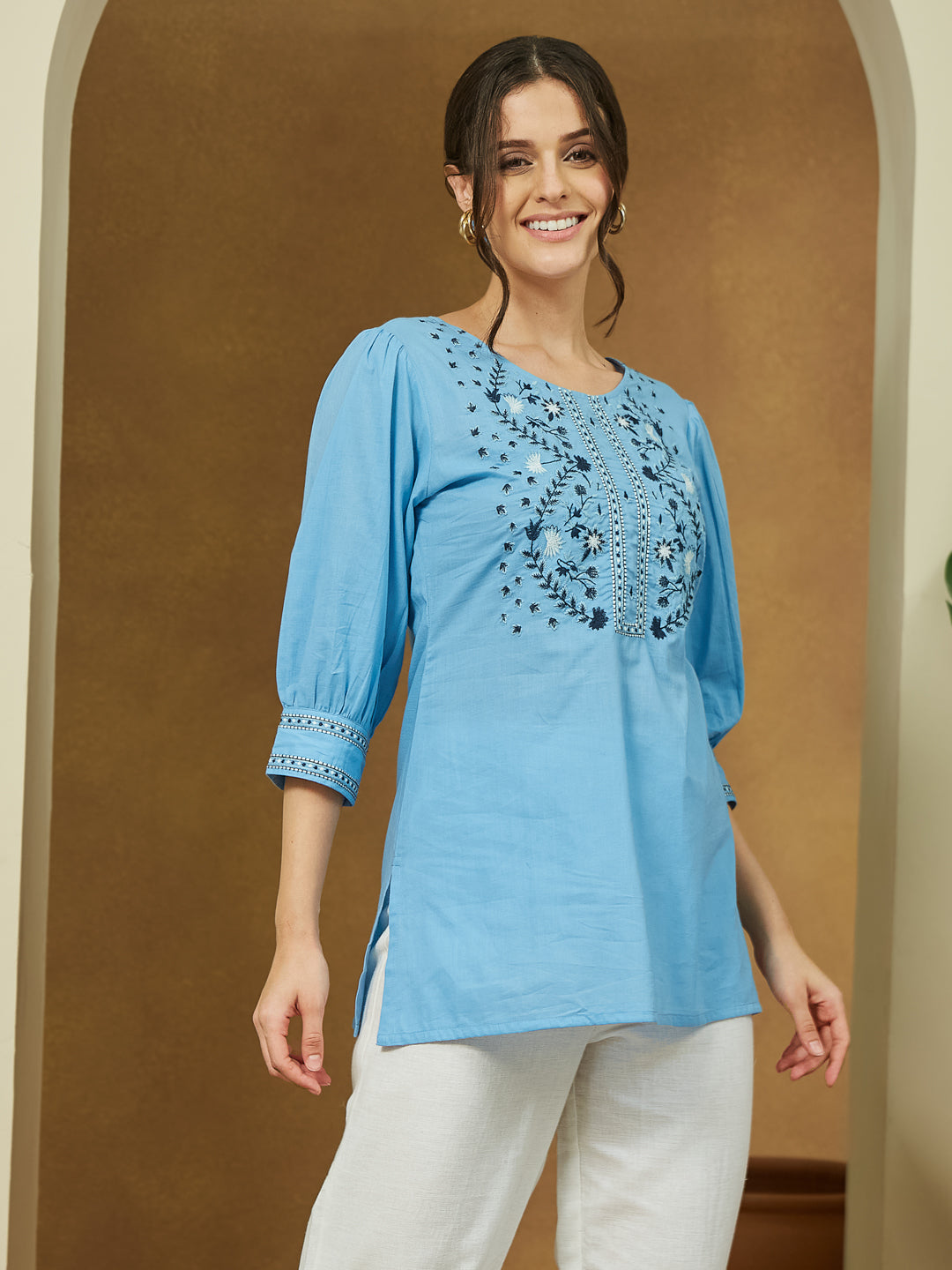 Janasya Light Cotton Embroidered Straight Tunic