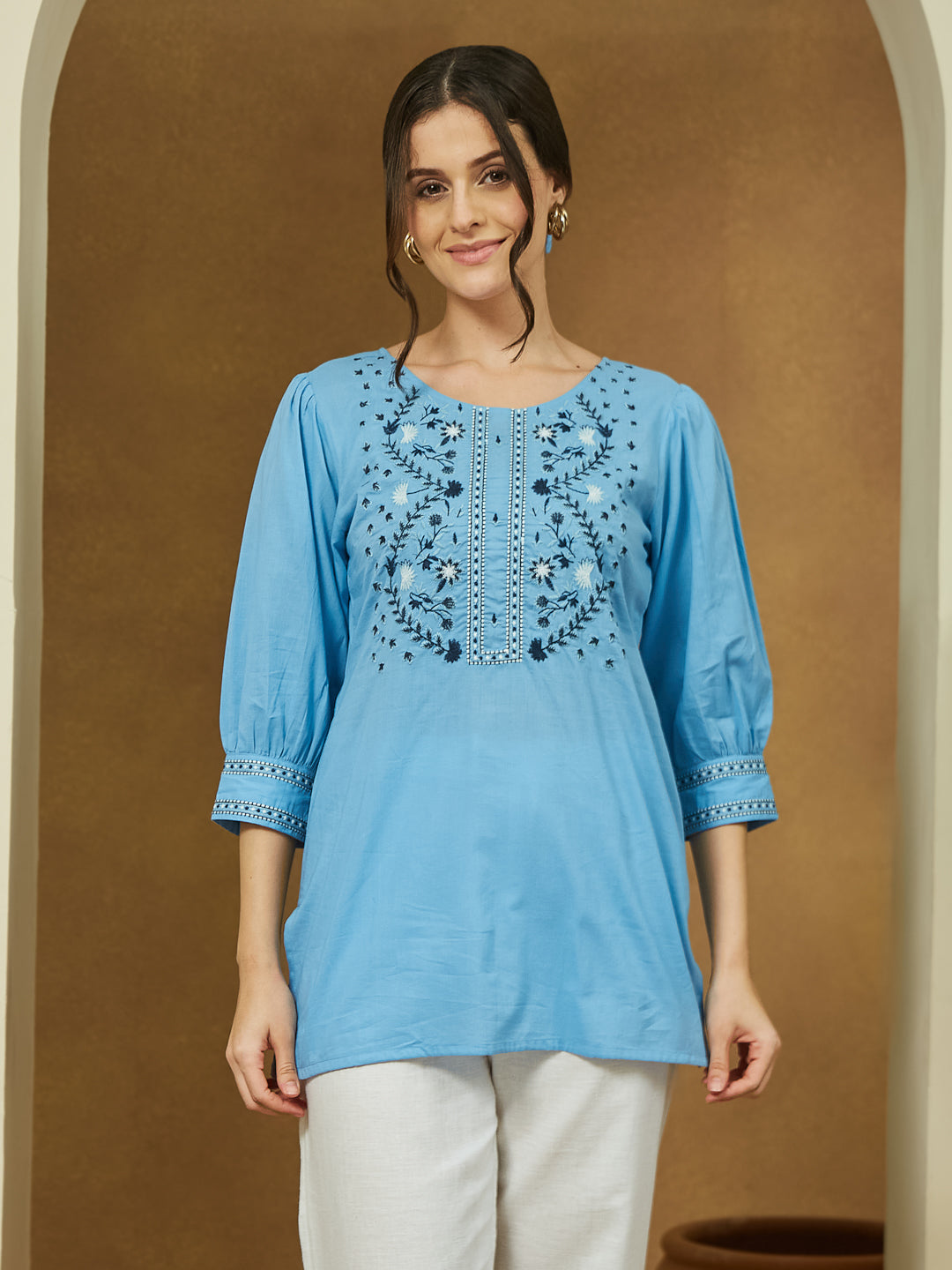 Janasya Light Cotton Embroidered Straight Tunic