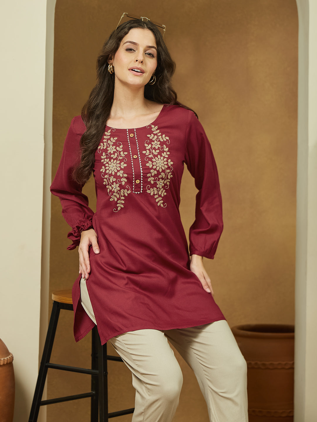 Janasya Dark Rayon Embroidered Straight Tunic
