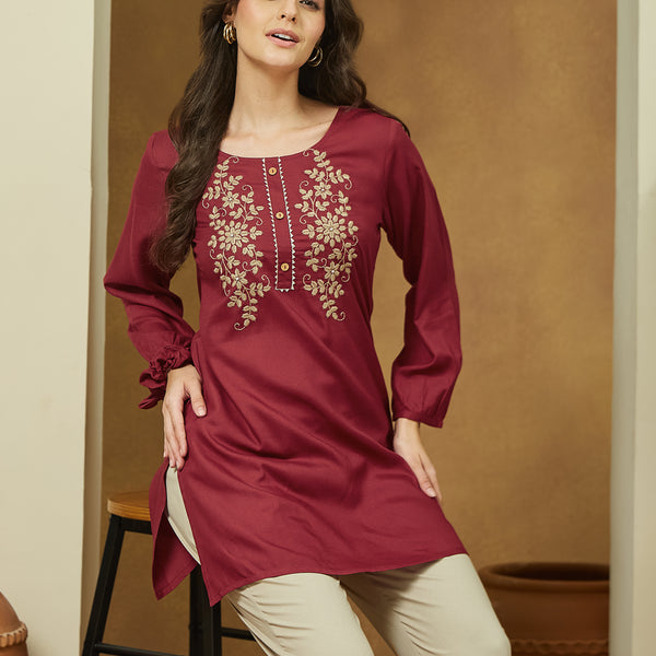 Janasya Dark Rayon Embroidered Straight Tunic - Distacart