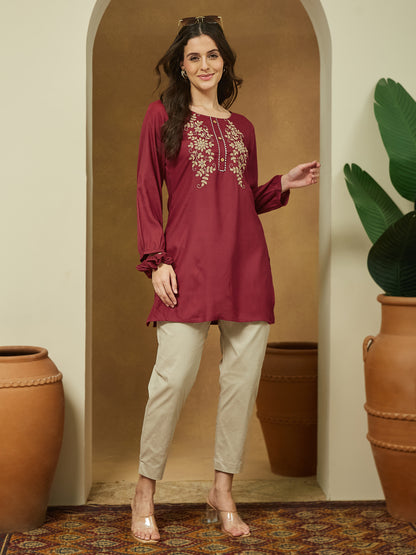 Janasya Dark Rayon Embroidered Straight Tunic - Distacart