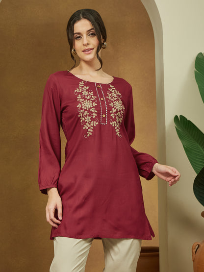 Janasya Dark Rayon Embroidered Straight Tunic - Distacart