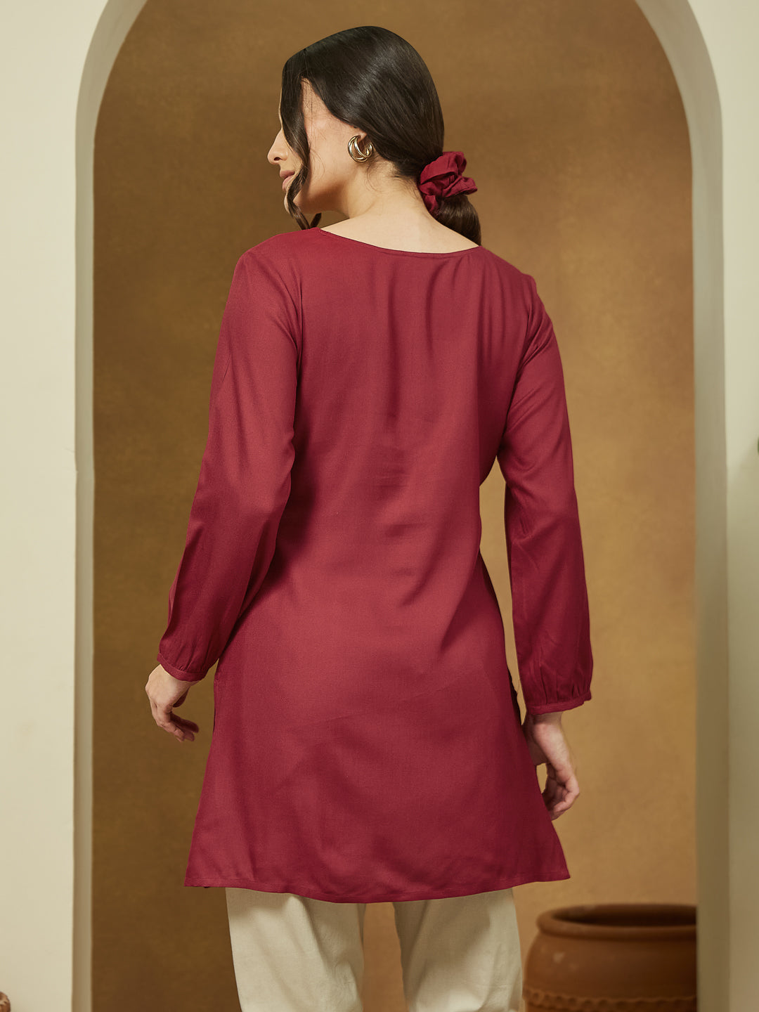 Janasya Dark Rayon Embroidered Straight Tunic