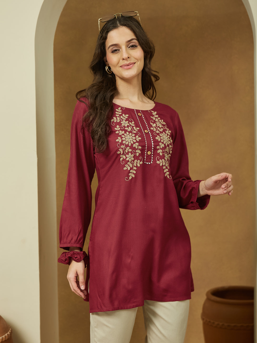 Janasya Dark Rayon Embroidered Straight Tunic