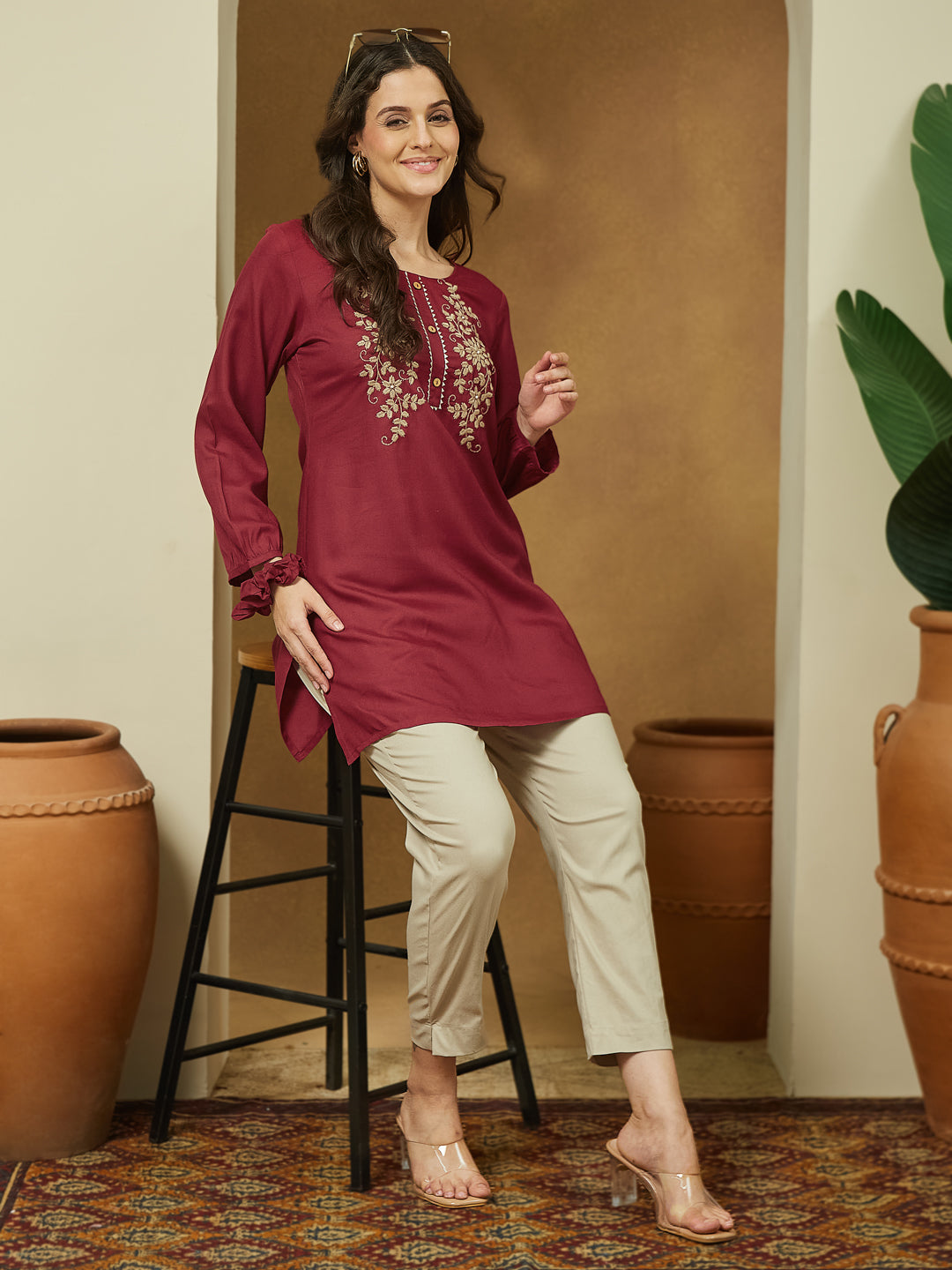 Janasya Dark Rayon Embroidered Straight Tunic