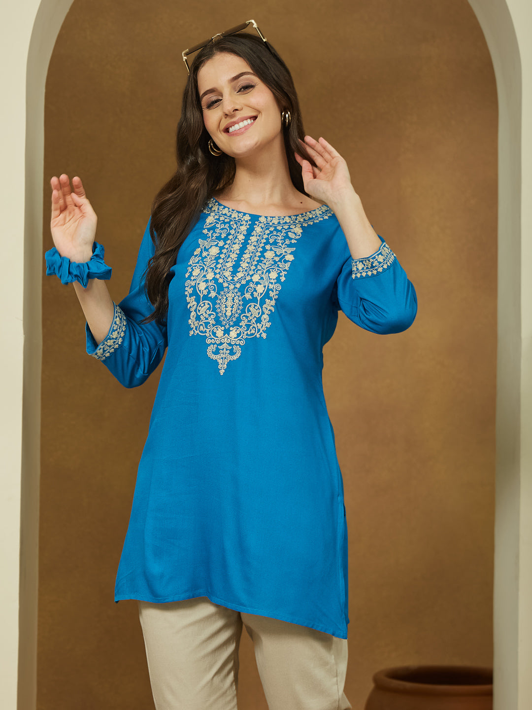 Janasya Dark Rayon Embroidered Straight Tunic