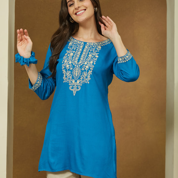 Janasya Dark Rayon Embroidered Straight Tunic