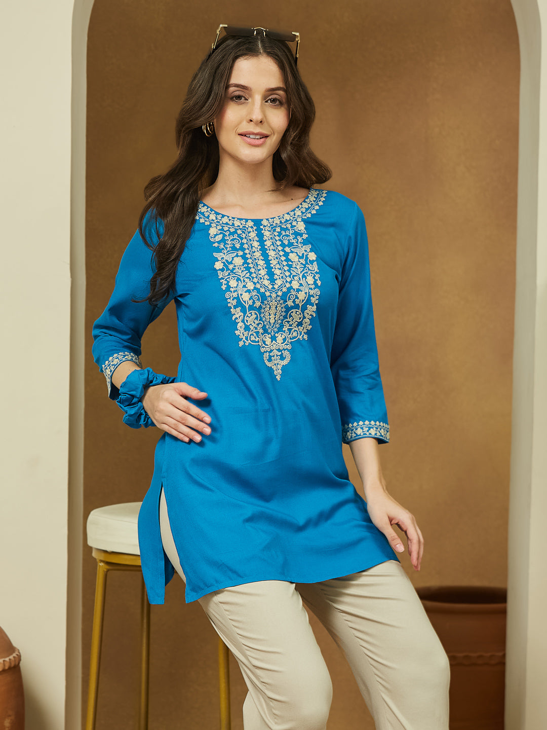 Janasya Dark Rayon Embroidered Straight Tunic