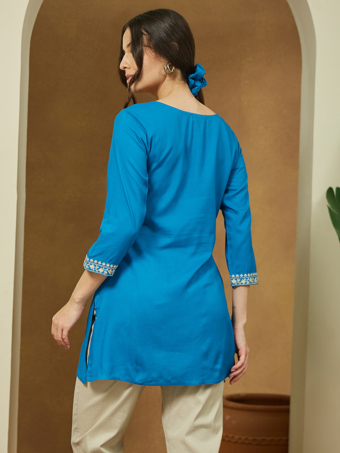Janasya Dark Rayon Embroidered Straight Tunic