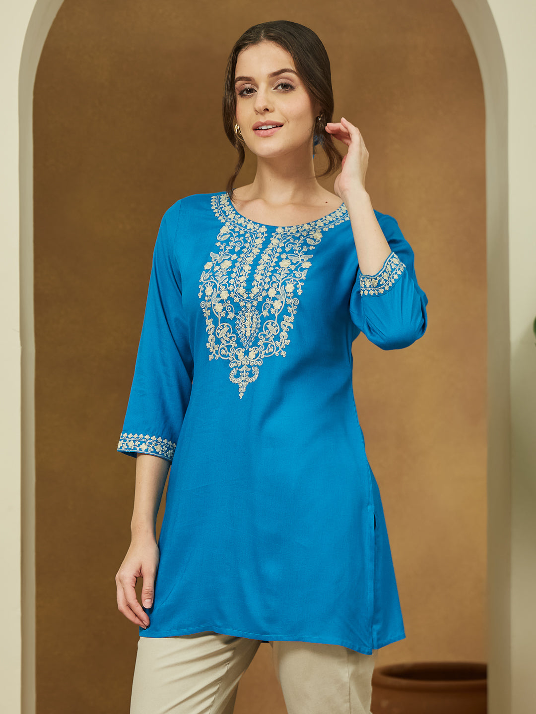 Janasya Dark Rayon Embroidered Straight Tunic