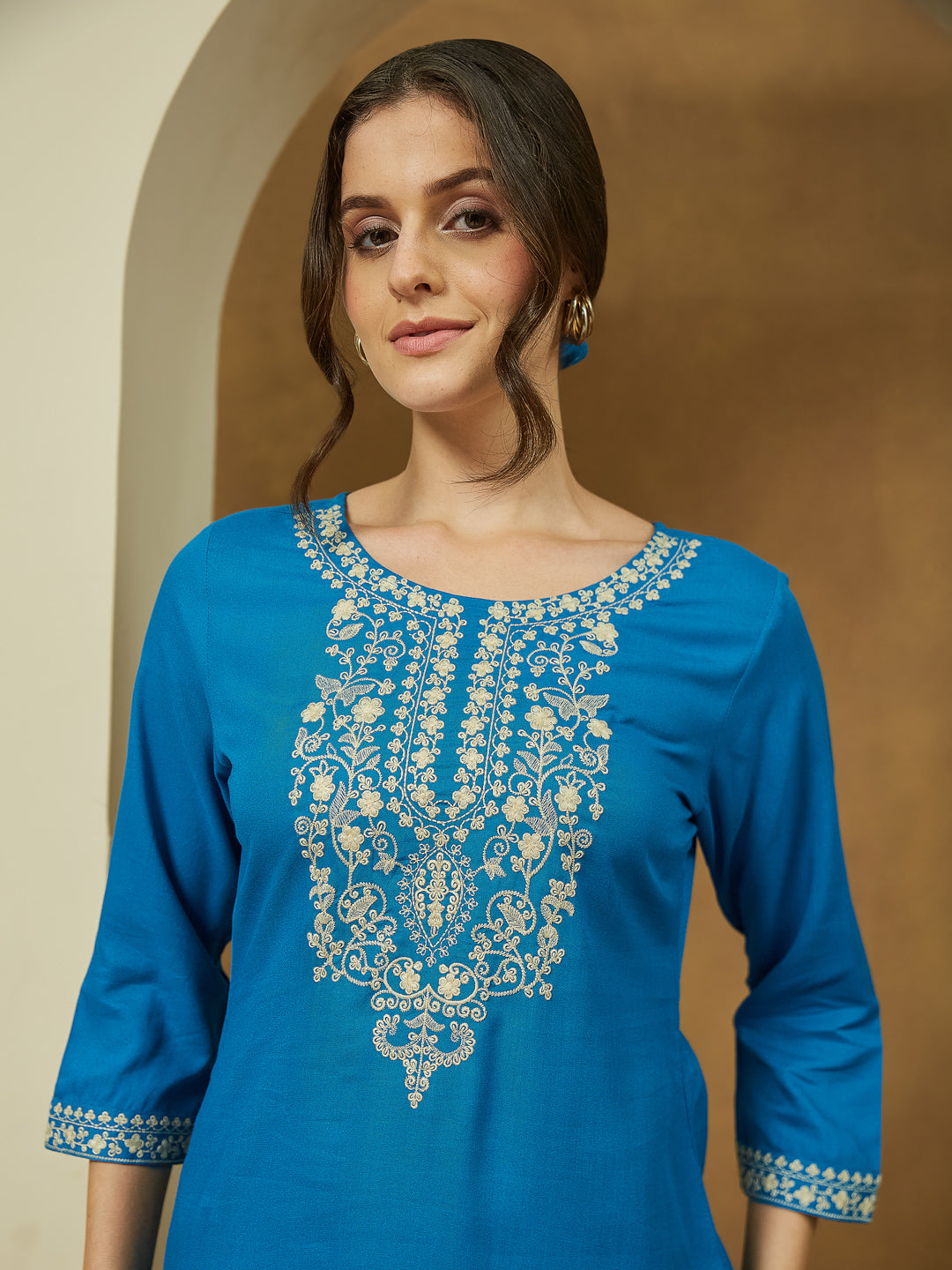 Janasya Dark Rayon Embroidered Straight Tunic