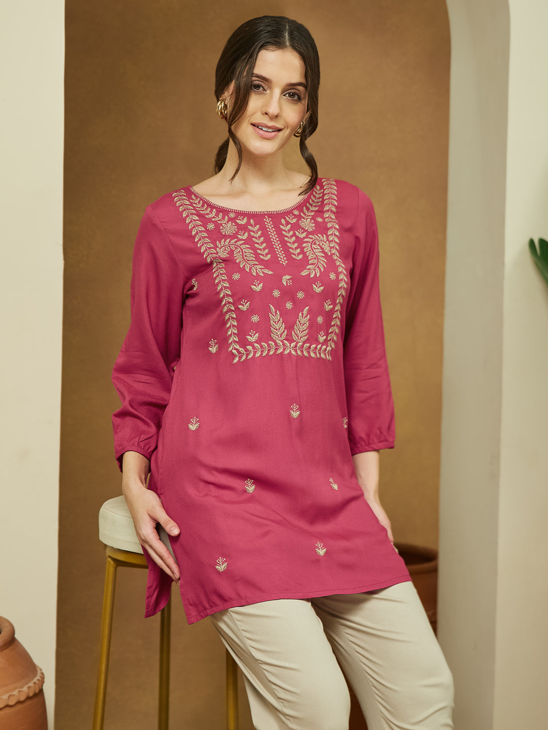 Janasya Dark Rayon Embroidered Straight Tunic