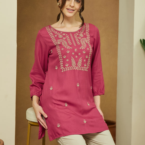 Janasya Dark Rayon Embroidered Straight Tunic