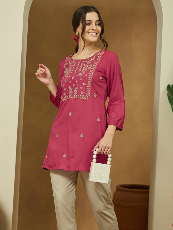Janasya Dark Rayon Embroidered Straight Tunic