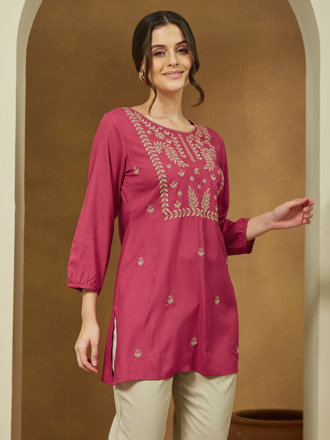 Janasya Dark Rayon Embroidered Straight Tunic