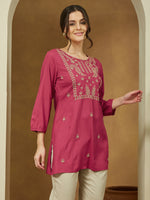 Thumbnail for Janasya Dark Rayon Embroidered Straight Tunic
