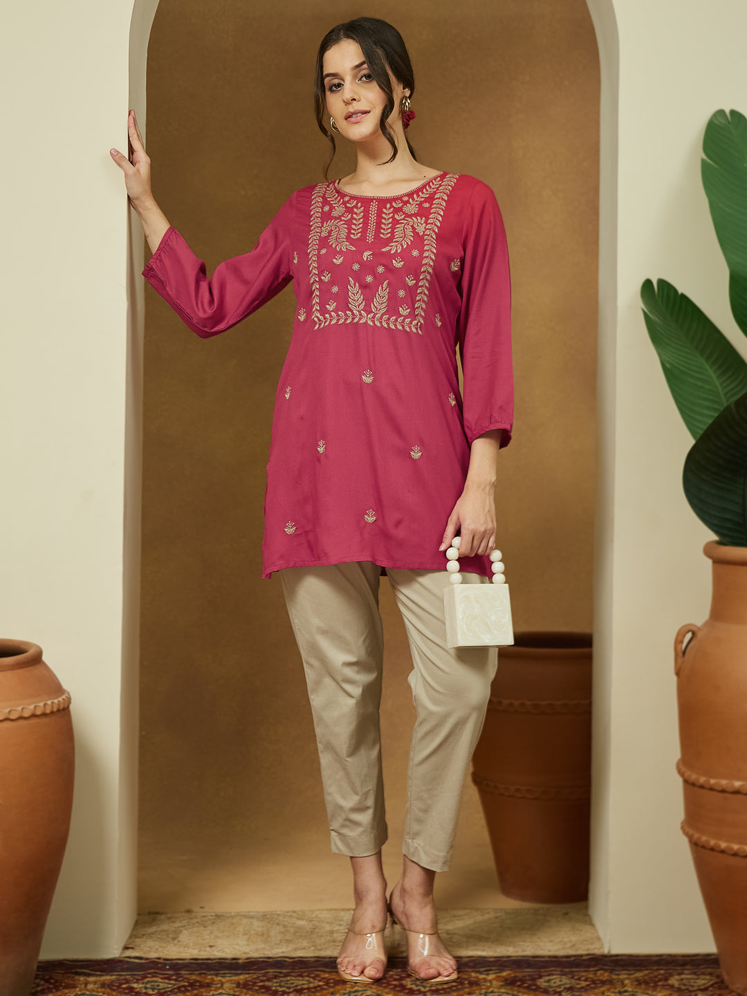 Janasya Dark Rayon Embroidered Straight Tunic
