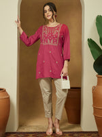 Thumbnail for Janasya Dark Rayon Embroidered Straight Tunic