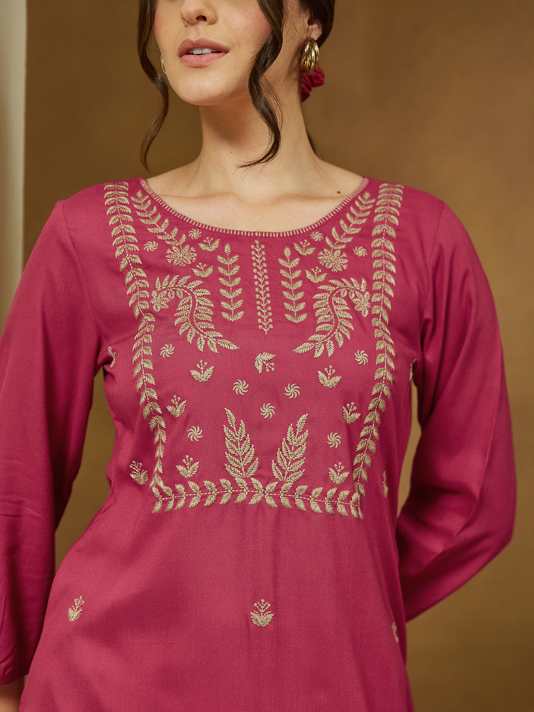 Janasya Dark Rayon Embroidered Straight Tunic