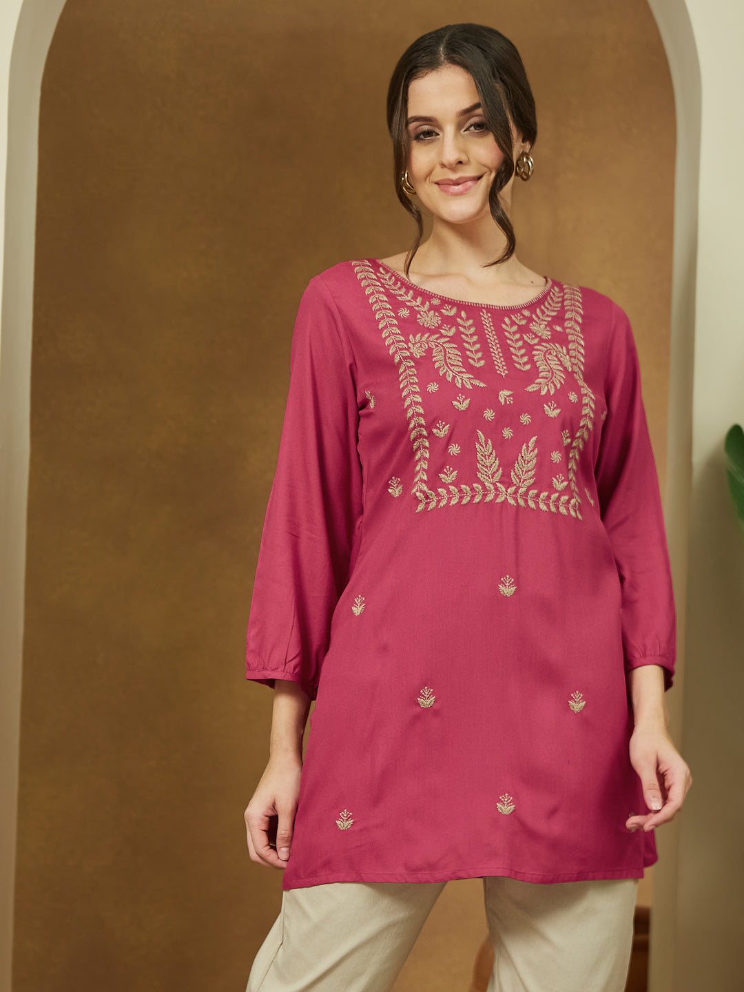 Janasya Dark Rayon Embroidered Straight Tunic
