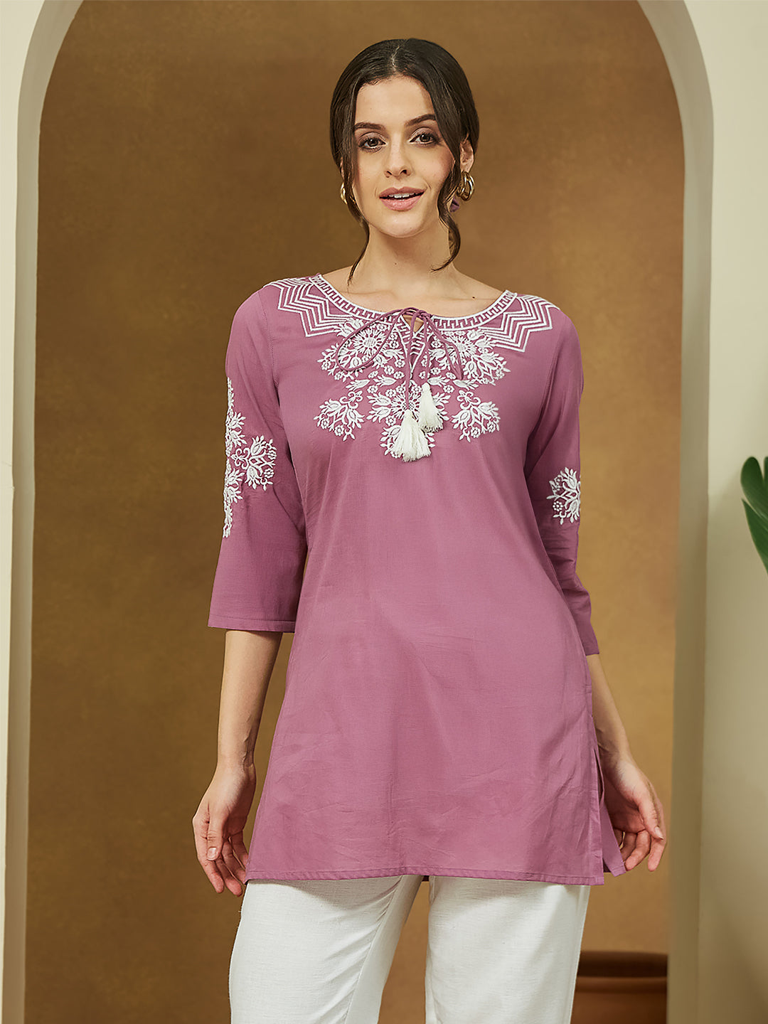 Janasya Dark Cotton Embroidered Straight Tunic