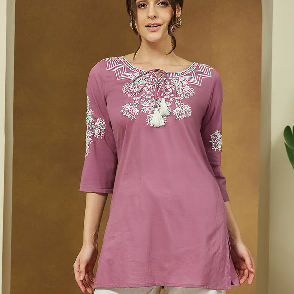 Janasya Dark Cotton Embroidered Straight Tunic