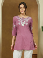 Thumbnail for Janasya Dark Cotton Embroidered Straight Tunic