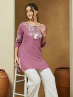 Thumbnail for Janasya Dark Cotton Embroidered Straight Tunic
